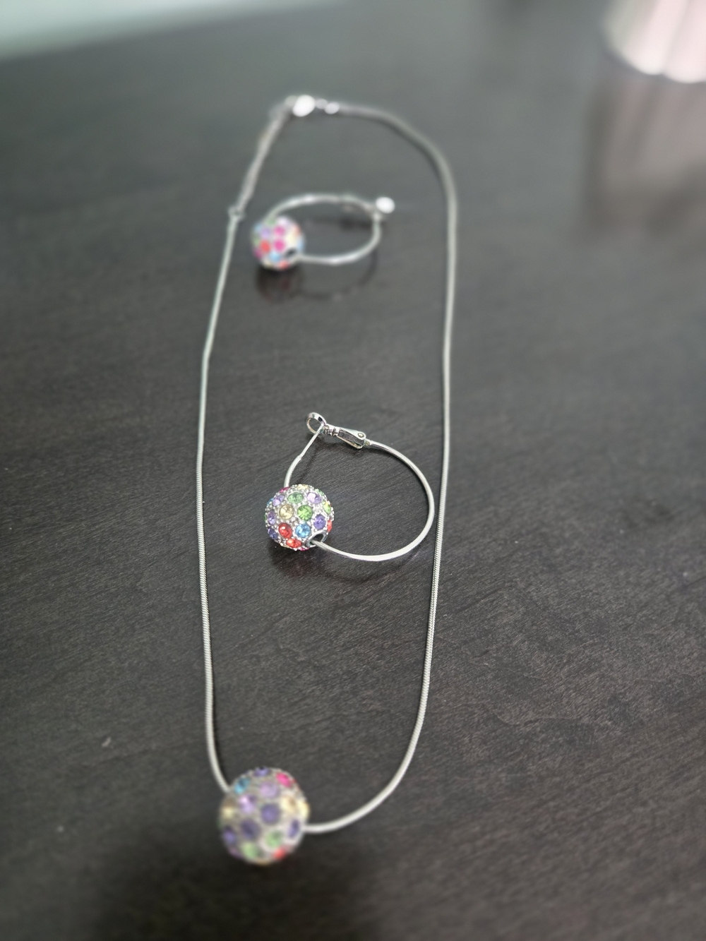 Multicolor Crystal Ball Pendant Necklace and Hoop Earring Set - Women Jewelry